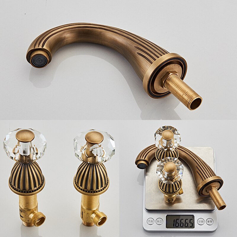 Gold Faucets Bathroom Golden Widespread Faucet Double Cystal Handle Three Hole Wash Basin Tap Hot Cold Mixer ELF1516G