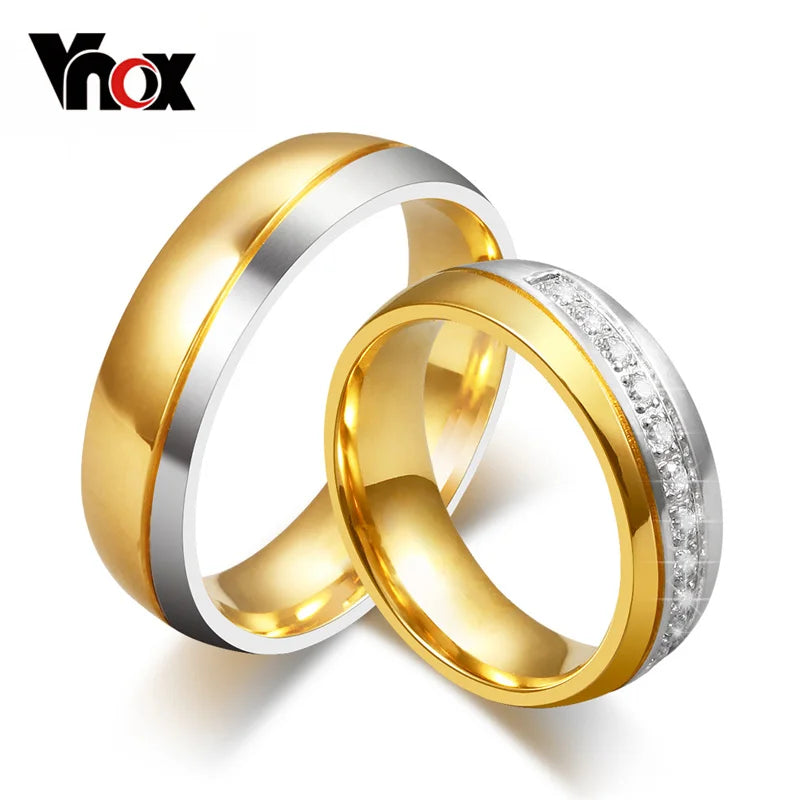 Vnox Wedding Ring for Women / Men Gold Color Love Engagement Couple Stainless Steel Lovers Jewlery Anniversary Gift US size