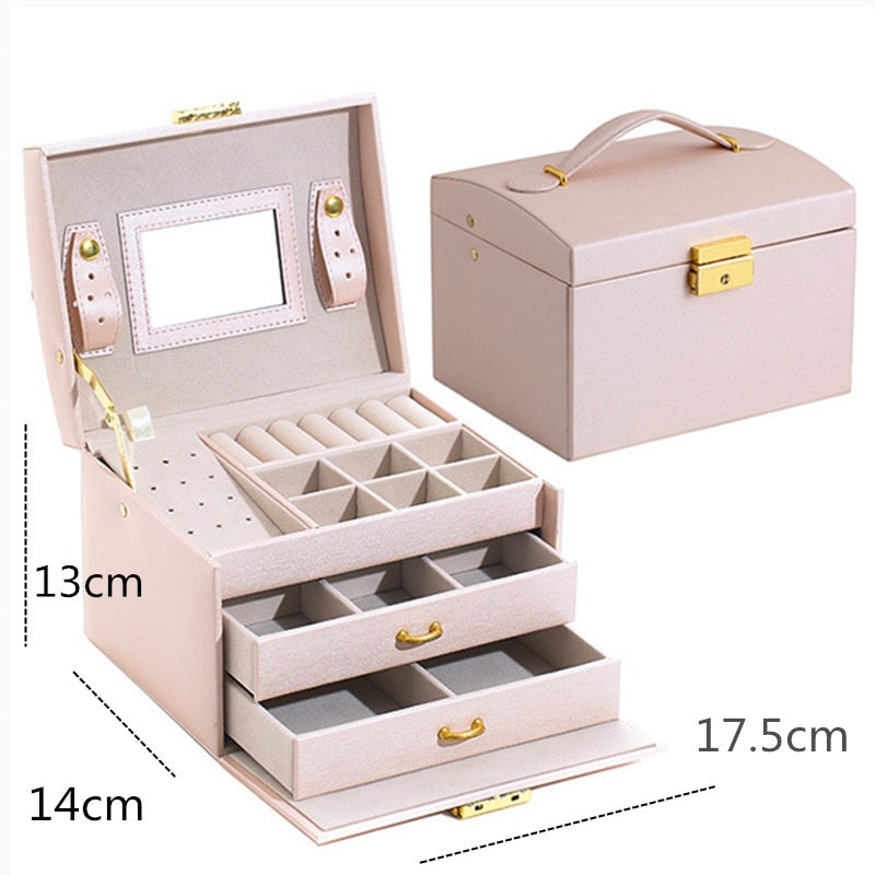 WE Bling PU Travel Portable Locked Jewelry Storage Box Three-layer Makeup Organizer Ring Earring Necklace Pouch Case Accessories