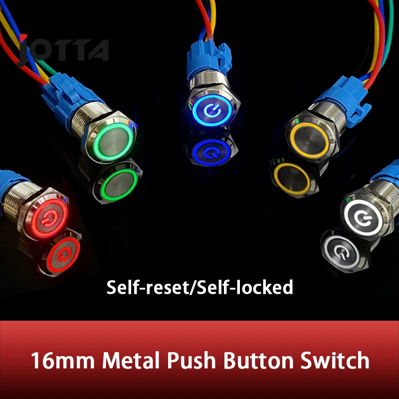 16mm Metal Push Button Switch Ring Lamp Power Symbol Buttons Waterproof Flat Head LED Light Self-lock Self-reset  1NO1NC