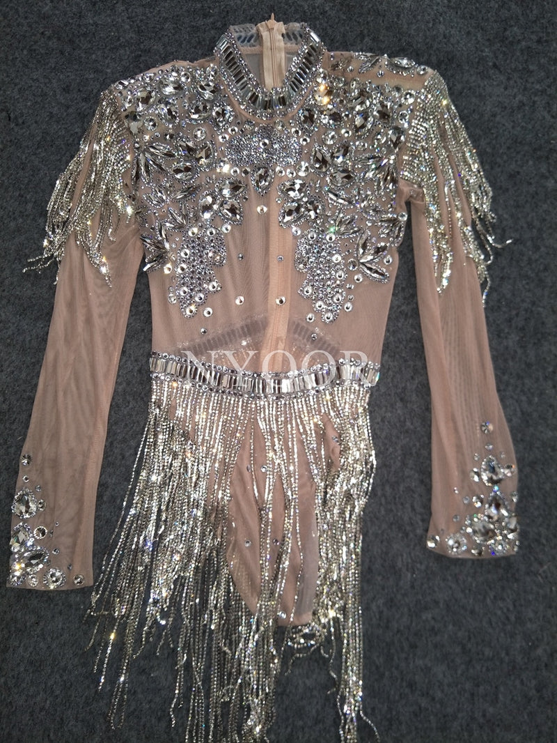 Shining Big Crystals Mesh Sexy Bodysuit Sparkly Rhinestone Fringes Party Nightclub Outfit Singer Stage Performance Dance Costume
