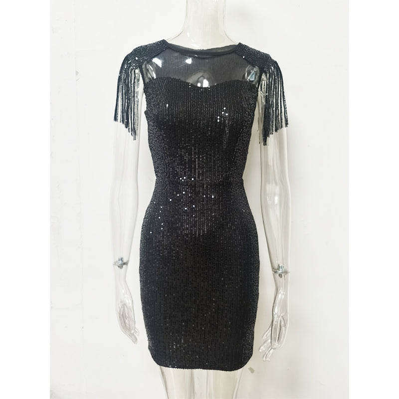 Sexy Black vintage sequin summer dress women elegant wrap club party dresses bodycon See through woman dress clothes vestidos HL