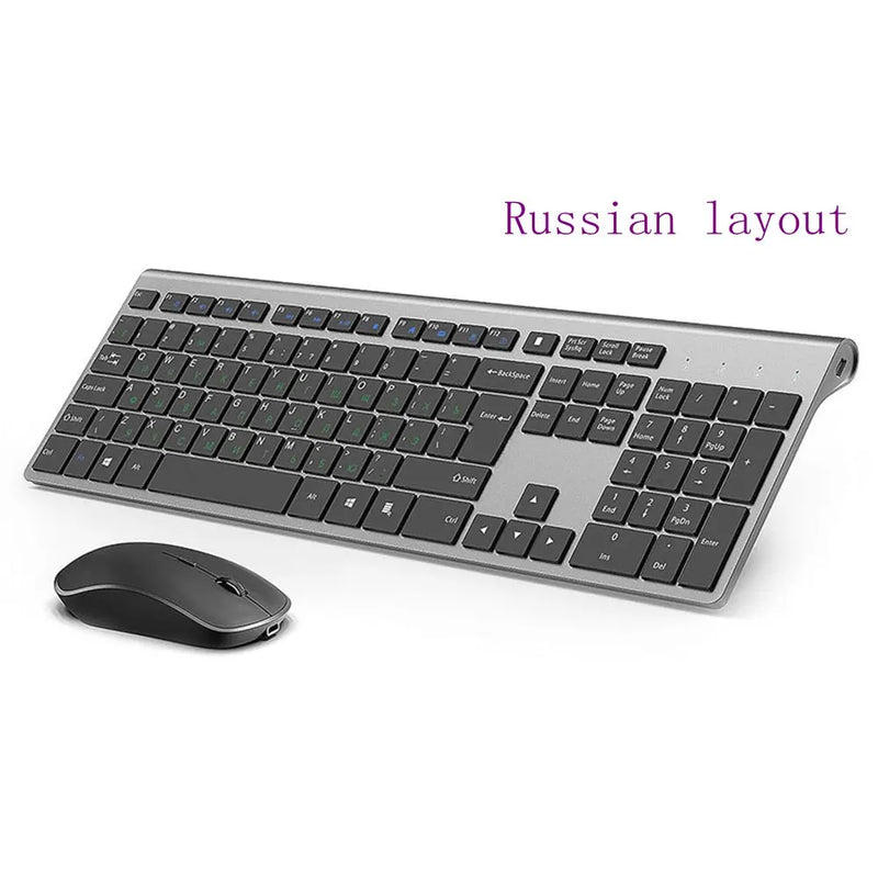 Wireless keyboard mouse , 2.4 gigahertz stable connection rechargeable battery, Full-size Russian layout,Black grey Silver white