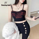 Camis For Women Vest Letter Print Tank Top Woman Elastic Sweet Tops Spaghetti Strap Elegant Knitted French Chic Womens Clothes