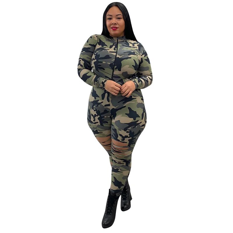 Women Jumpsuits Outfits Long Sleeve Bodycon Camouflage Jumpsuit Sexy Hollow Our Plus Size Jumpsuits Wholesale Dropshipping