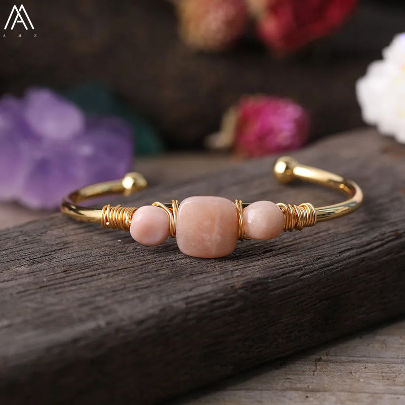 Natural Quartz Stone Beads Gold Bracelets Women Citrines Roses Quartz Chip Beads Open Cuff Bangles Bracelets Friendship Jewelry