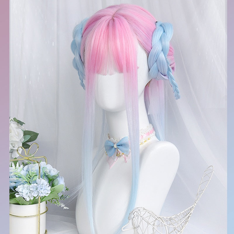 Gradient Pink Blue Lolita Wig Creamy Neon Women Harajuku Long Straight Hair Cute Bangs Adult Chic Girls Cosplay Daily Wear