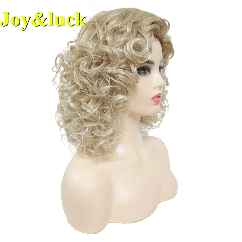 Joy&luck Short Curly Wig Synthetic Hair Wigs Gold Mix Blonde Color Women's Full Wig with Bangs Natural Daily Hair Style