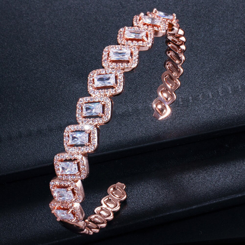 ThreeGraces Fashion Inlay Square Cubic Zirconia Stone Rose Gold Color Open Cuff Bangle Bracelet for Women Jewelry Gift BA021