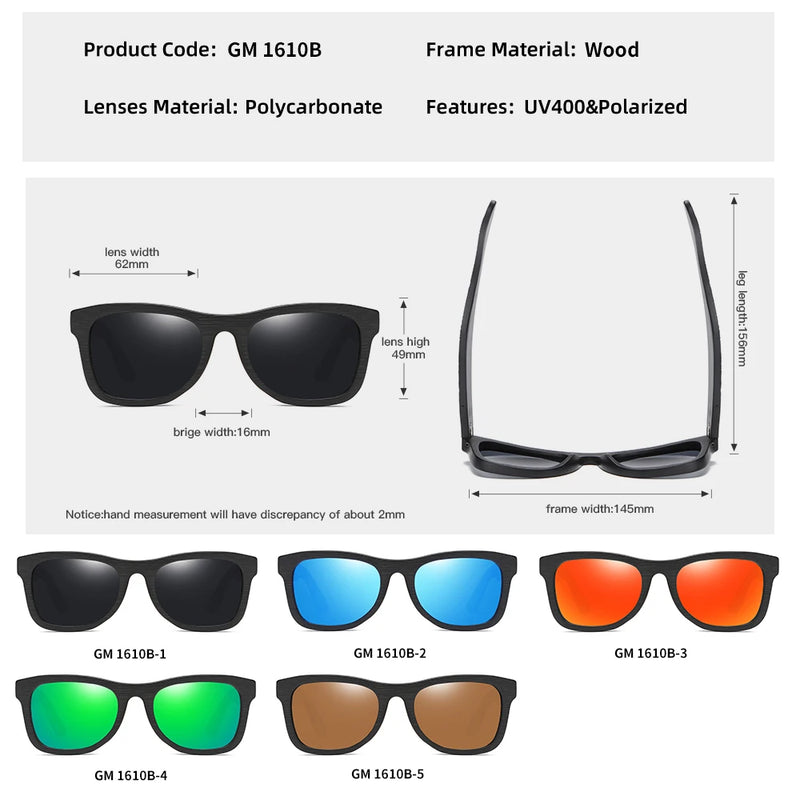 GM Handmade Brand Wooden Polarized Sunglasses Women Men Design Driving Wooden Mirrored Shades in Round Wood Box S1610B