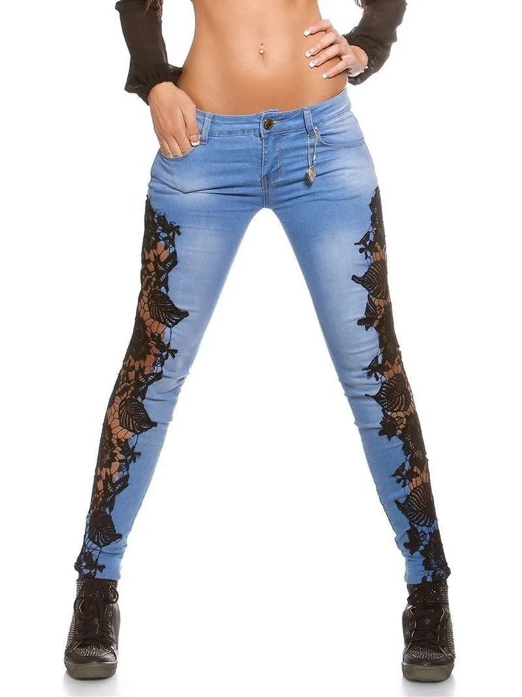 Lace Floral Crochet Hollow-Out Jeans Autumn Women Elegant Sexy Denim Pencil Skinny Jeans