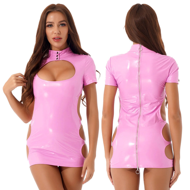 Womens Sexy Ladies Wet Look Costume Pole Cocktail Leather Bare Breast Mini Dress PVC Latex Short Sleeve Back Zipper Clubwear