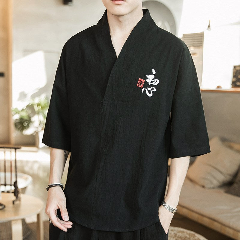 Men Embroidery T-shirt Kimono Japanese Short Half-Sleeve Shirt Japan Harajuku Trousers Asian Menswear Yukata Cardigan Costumes
