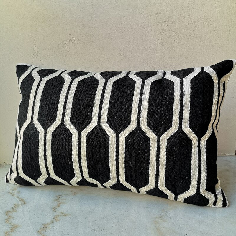 30x50cm Cushion Cove Vintage Black White Geometric Cotton Embroidery Pillow Case with For Sofa Bed Home Decorative 12"x20“inch