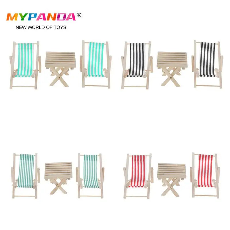 1:12 Mini Foldable Striped Wooded Beach Chair Recliner Sunbathing Chair Chaise Lounge Chair Dollhouse Furniture