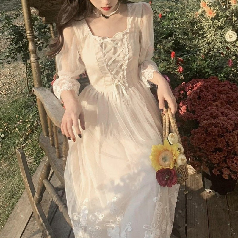 2022 Spring Lace Sweet Elegant Dress Women Evening Party One Piece Dress Korean Kawaii Short Sleeve Dress Female Square Collar