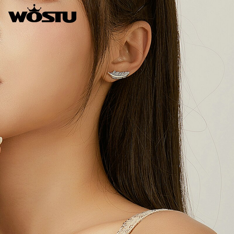 WOSTU Authentic 925 Sterling Silver Vintage Feather Stud Earrings Fashion Small Earrings For Women Wedding Party Jewelry CQE865