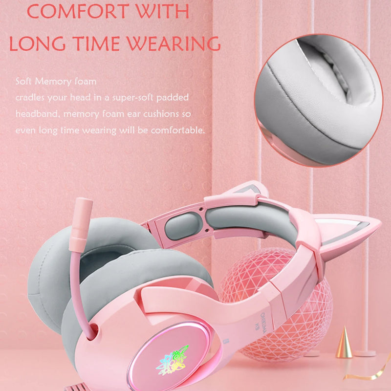 Gaming Headset With Microphone, Demon Cute Cat Ear Noise Reduction Headphones Pink/Black 7.1 For PC Switch PS4 New Xbox