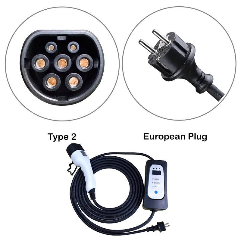 Type 1 J1772 or Type 2 EV charger schuko plug EVSE Charging EV cable for nissan leaf electric vehicle 16A 13A 10A 8A