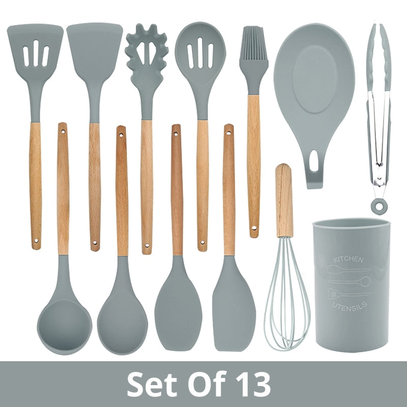 Silicone Cooking Utensils Kitchen Utensil Set - Non-stick Spatula Shovel Natural Acacia Wooden Handle Kitchen Tools