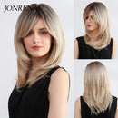 JONRENAU Middle Long Straight Hair with Bangs Ombre Brown to Blonde Wig Dark Roots Synthetic Wigs for Women Heat Resistance Hair