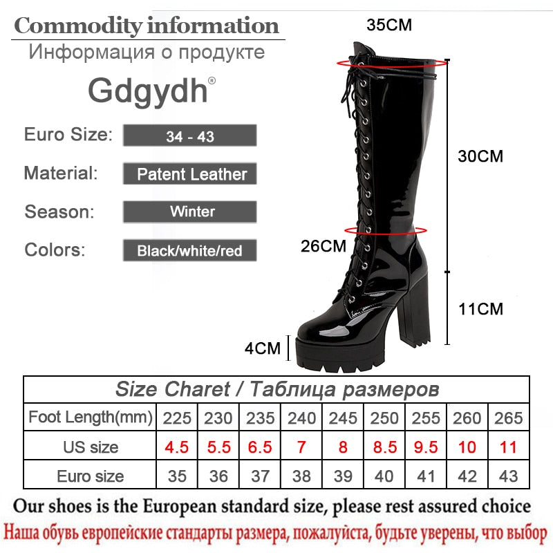 Gdgydh Patent Leather White Knee High Boots Lace Up Ladies Platform Boots High Heels Fashion Nightclub Patry Shoes Wholesale