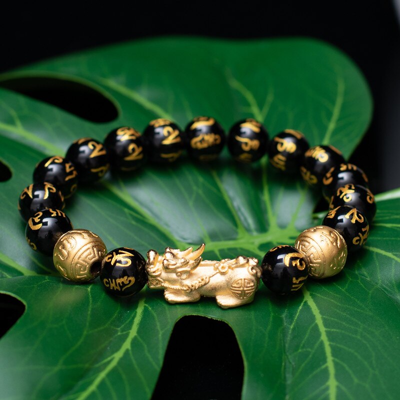 Gold Color Brave Troops Stone Beads Bangles Bracelet 6 Words Chinese Lucky Enegry God Beast Pixiu Bracelet Dropship Jewelry Gift