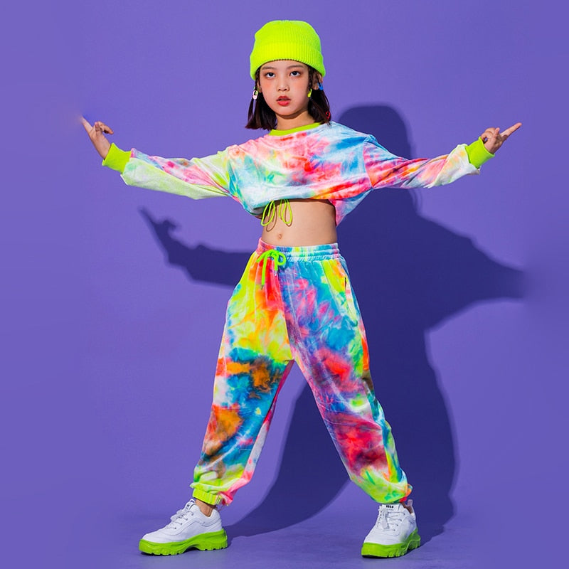 Hip Hop Clothing Multicolor Sweatshirt Causal Pants For Girls Jazz Ballroom Dancing Clothes Stage Outfits Rave Clothes DQS6039