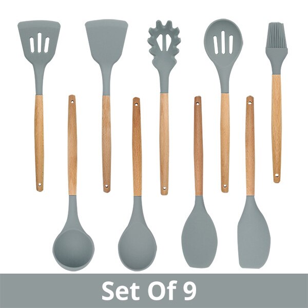 Silicone Cooking Utensils Kitchen Utensil Set - Non-stick Spatula Shovel Natural Acacia Wooden Handle Kitchen Tools