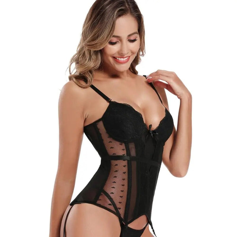 Removable Straps Lingerie Women's Amour Accent Lightly Padded Underwired Basque Corset Bustier With Suspenders 8157