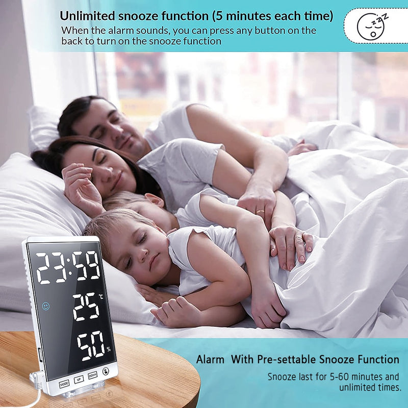 6 Inch LED Mirror Alarm Clock Touch Button Wall Digital Clock Time Temperature Humidity Display USB Output Port Table Clock