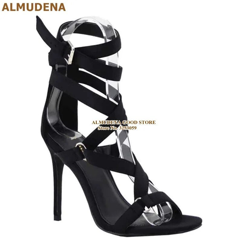 ALMUDENA Neon Yellow Suede Cage Sandals Metal Ring Buckle Decorated High Heel Shoes Buckle Cross Strappy Nightclub Party Shoes