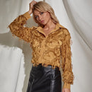 DUYIT Long-Sleeved Shirt Female Design Sense Retro Lapel Three-Dimensional Flower Fringe Embossed Pattern Top Thin Shirt