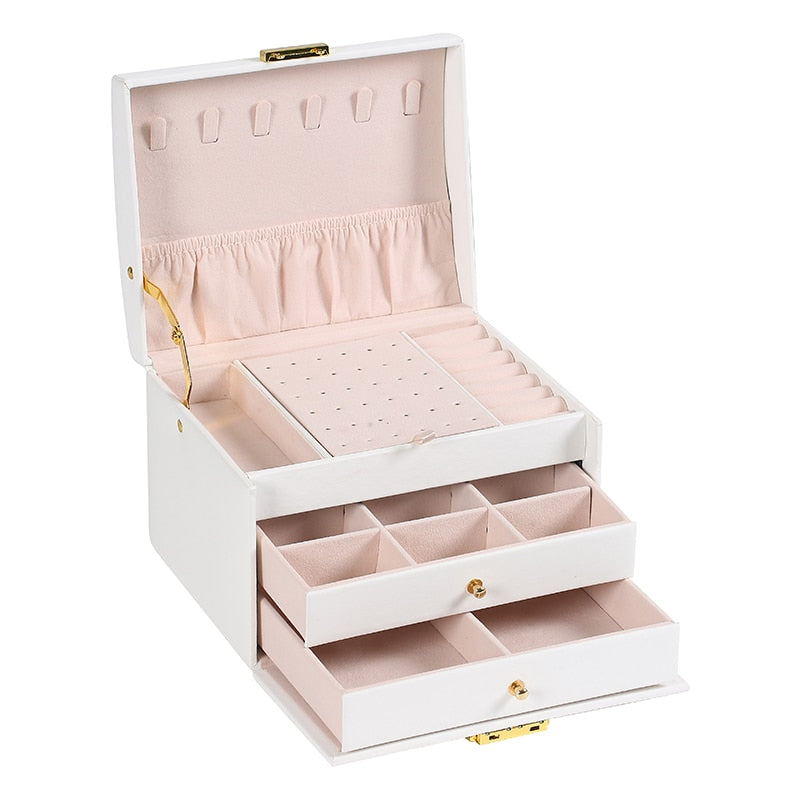 WE Bling PU Travel Portable Locked Jewelry Storage Box Three-layer Makeup Organizer Ring Earring Necklace Pouch Case Accessories