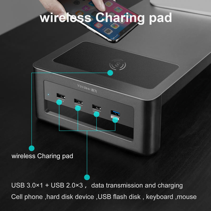 Dual Monitor Stand Holder Metal Riser with Wireless Charging USB Hub Ports Support Transfer Data,Keyboard and Mouse Storage Desk