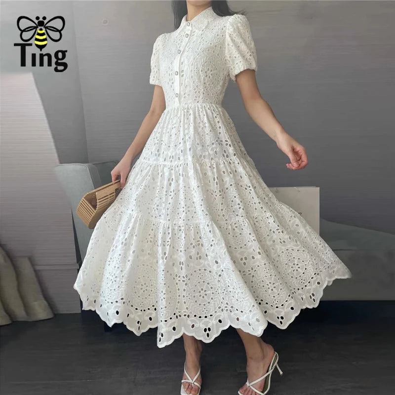 Tingfly Vintage Elegant Women Summer Embroidery Hollow Out Midi Long Dresses Lady Boho A Line Vestidos Elbise Frocks Vestidos Za