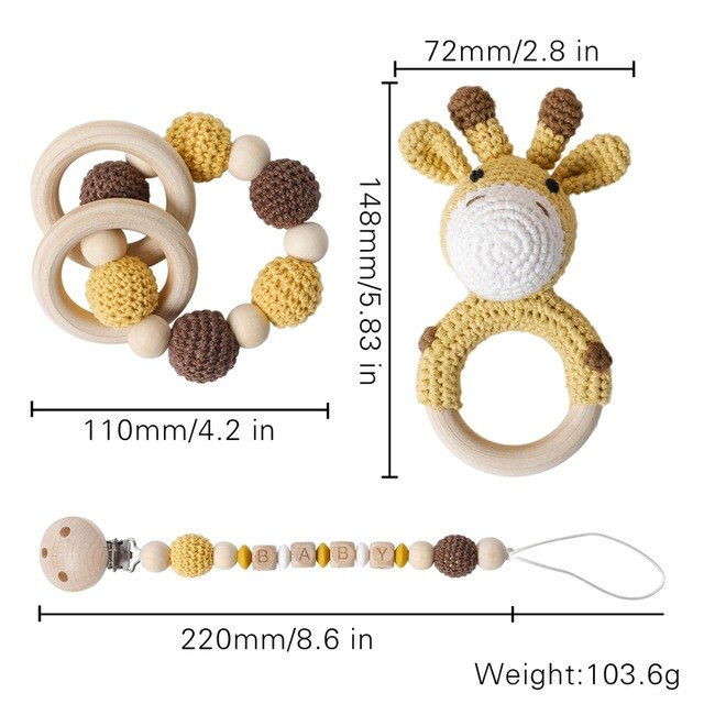 3pcs/lot Baby Rattle Animal Crochet Wooden Ring Toys Baby Teethers For Baby Products DIY Crafts Teething Rattle Amigurumi Toys