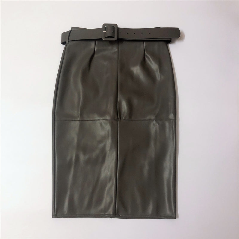 REALEFT Stylish PU Leather Wrap Midi Skirts with Belt Autumn Winter 2022 New Women High Waist Sheath Pencil Back Split Skirts