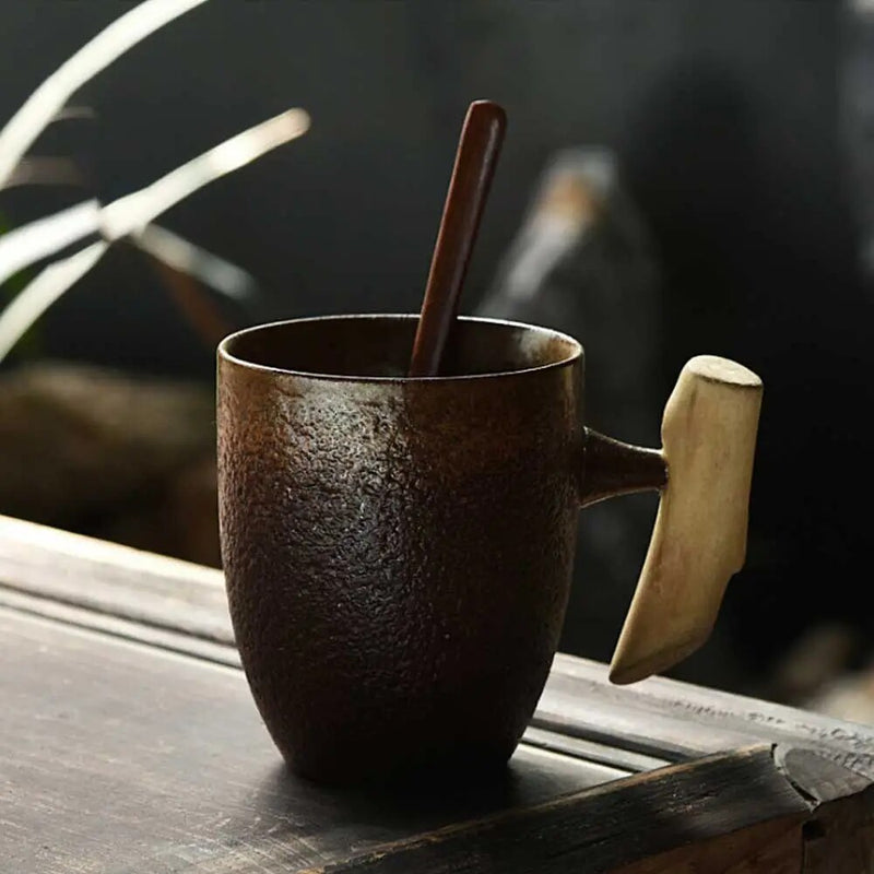 Vintage Style Cera Coffee Mug Tumbler Rust Glaze Tea Milk Water Cup with Wooden Handmade Espresso Utensils Teaware Stoneware