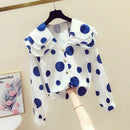 2022 New Spring Women shirt Autumn All-match Loose Long sleeve Chiffon Top Blue Wave point elegant Oversize Female Blouse