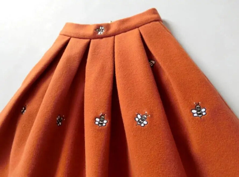 Autumn winter embroidered woolen skirt women high waist princess warm ball gown skirt