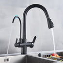 Purification Water Kitchen Faucet Black 360° Rotating Filter Water Faucets Pull Out Sprayer 3 Ways Hot Cold Water Mixer Tap