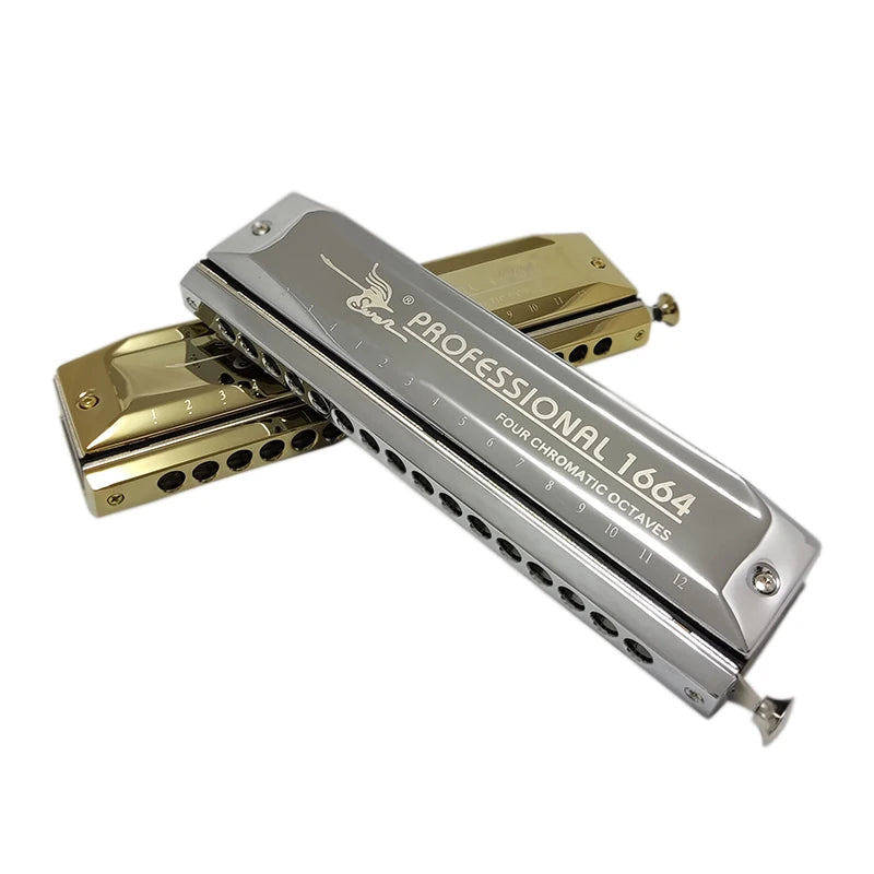 Swan Chromatic Harmonica, 16 Holes, 64 Tones, Mouth Organ, Key Of C, Professional Harp Musical Instruments, SW1664, Silver, Gold