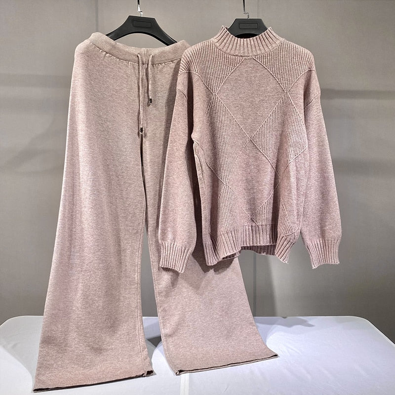 2021 Women Tracksuits Chic 2 Piece Set Knitted Solid Lounge Suit Cashmere Blend Pullover Sweater Wide Leg Pants Two Pieces Sets