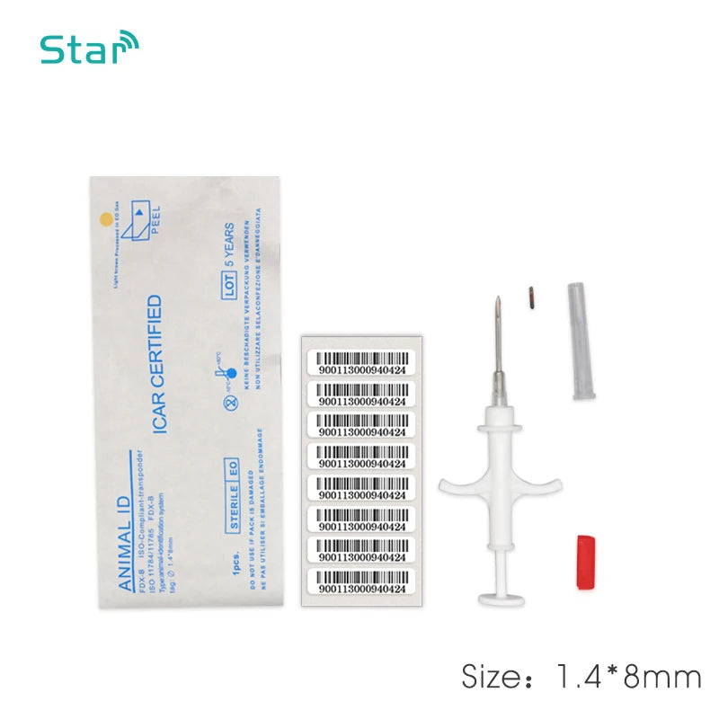 (20pcs) 1.4*8mm 134.2khz Pet Microchips Disposable Animal chip Fdx-b pig Syringe Pet ID injector syringe needle for dog cat cow