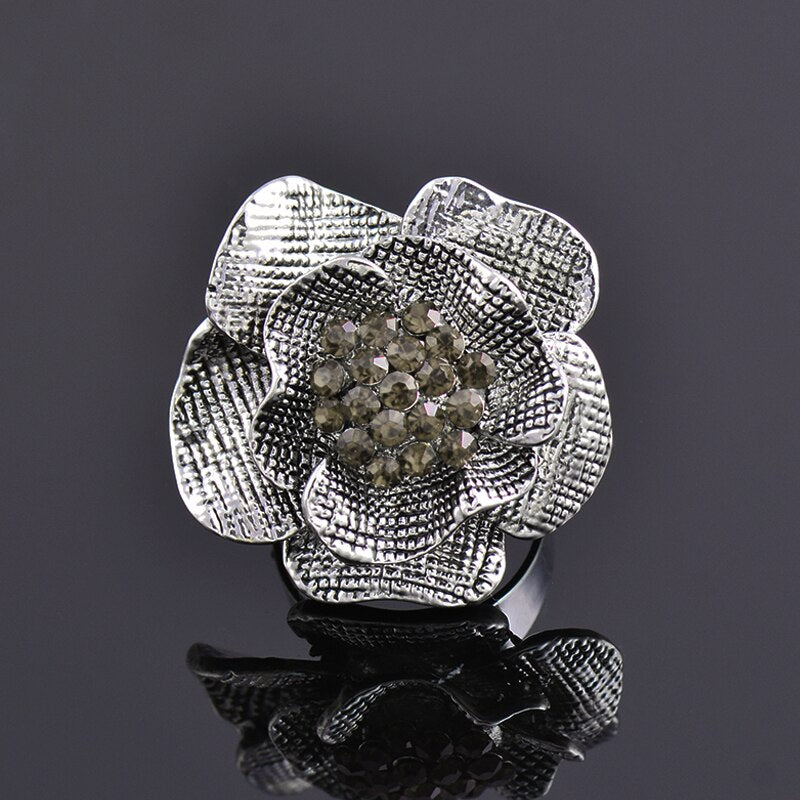 SINLEERY Vintage Big Gray Blue Genuine Cubic Zircon Flower Rings Adjustable Size Antique Silver Color Party Jewelry SSK