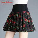 Floral Mini Skirt Women Summer Pleated Swing Chiffon Skirt Girl Black Korean Kawaii Female Elastic High Waist Skirt Shorts B009