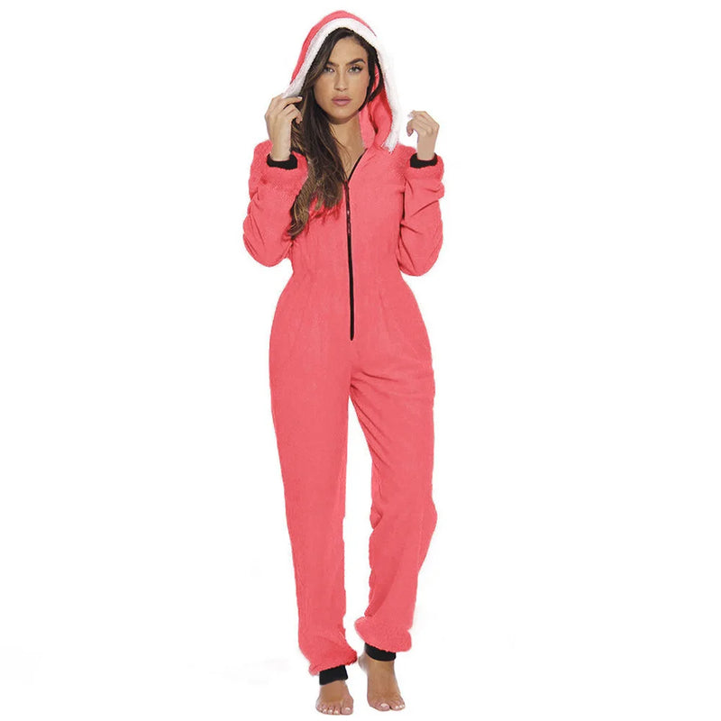 Women Christmas Long Sleeve Hooded Jumpsuits with Zipper Lady Fall Winter Warm Fleece Rompers Festival Holiday Loungewear 2022