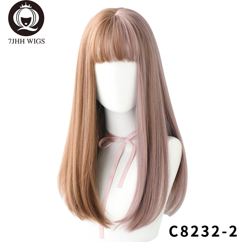 7JHH Long Remy Wig With Bangs Ombre Black Brown Synthetic Lolita Wig For Women High Temperature Wire Heat Resistant Cosplay Wig