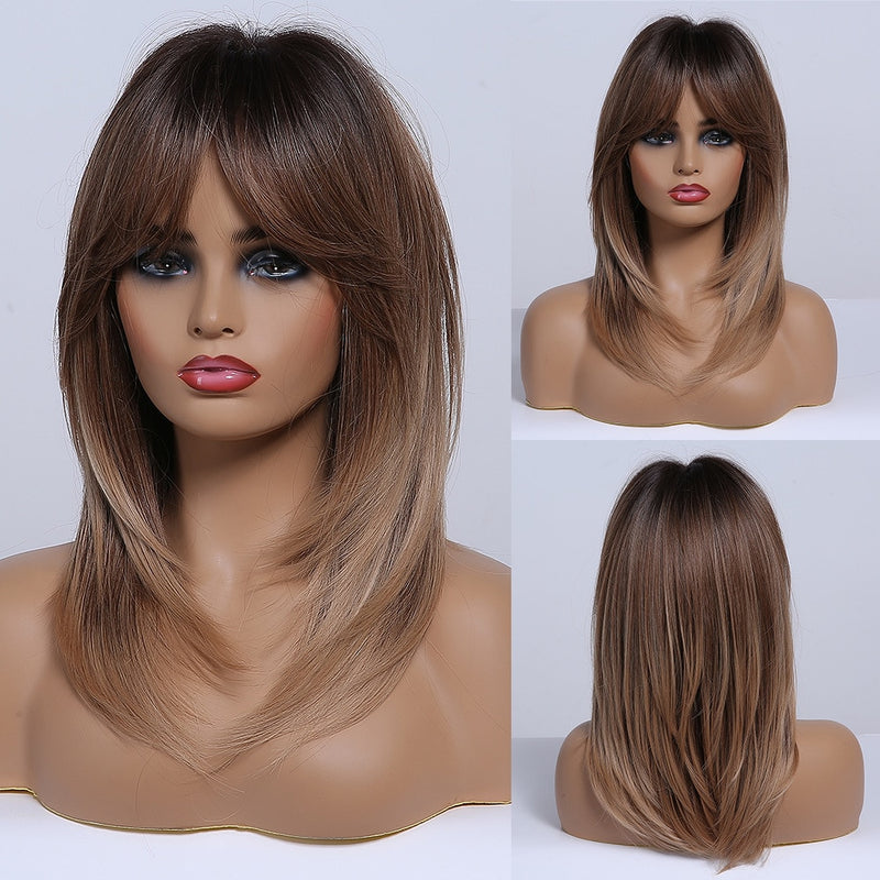 LOUIS FERRE Ombre Blonde Synthetic Wig with Bangs for Women Medium Length Layered Straight Bob Wigs Heat Resistant Daily Use Wig